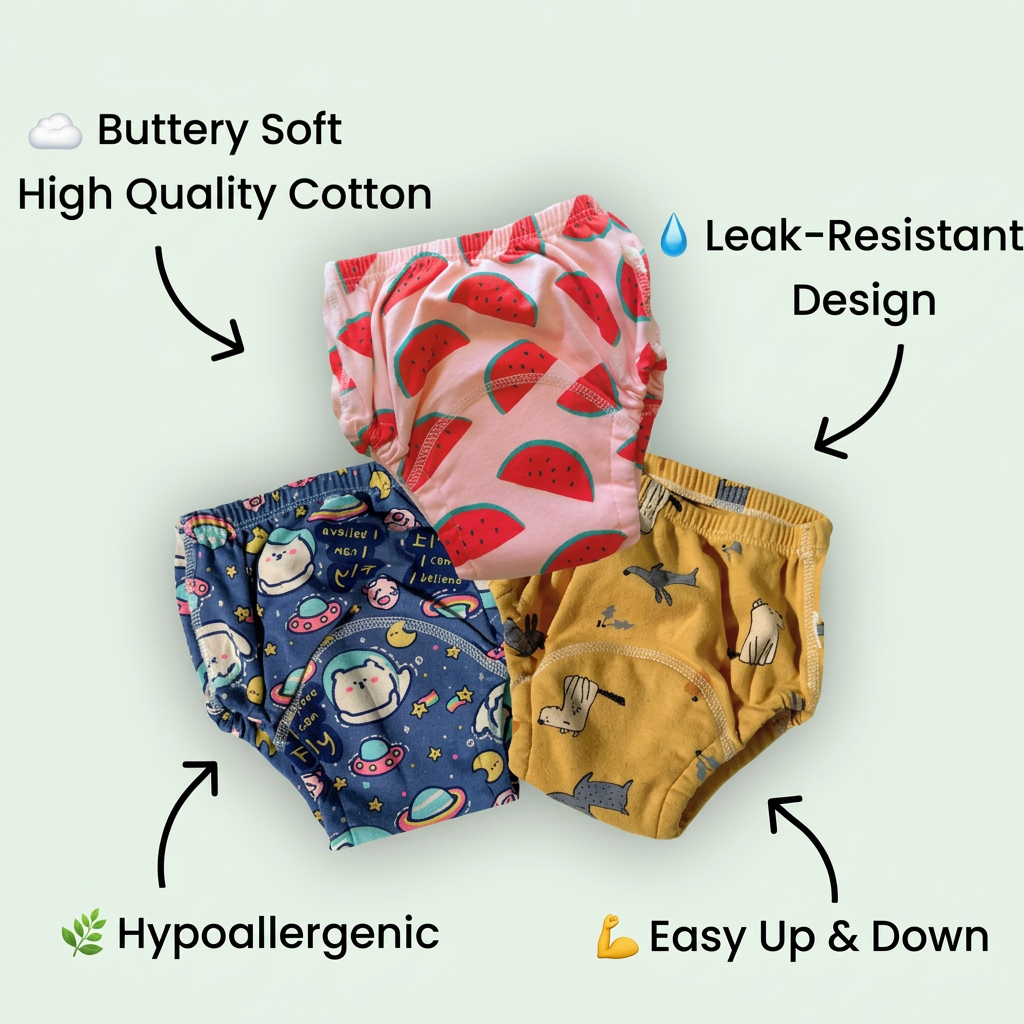 Potty training underwear in watermelon, space, and yellow prints